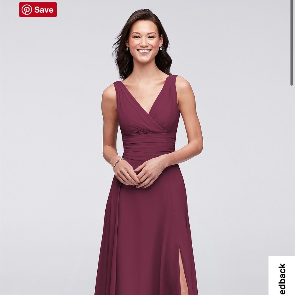 Long Chiffon Surplice Tank Bridesmaid Dress from Davids Bridal - Wine in size 8